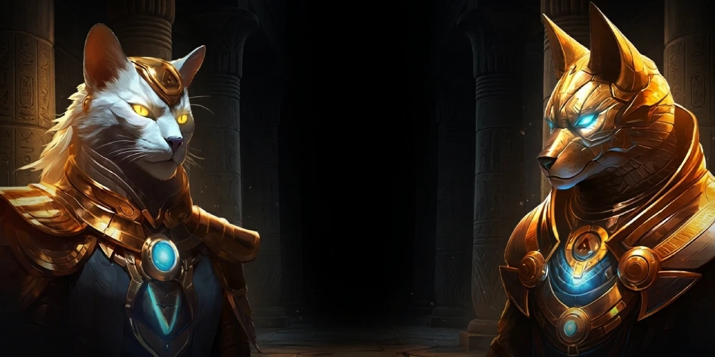 White cat and golden wolf in ancient armor, facing each other with glowing eyes and intricate jewelry, set in a dark, mysterious temple-like background.
