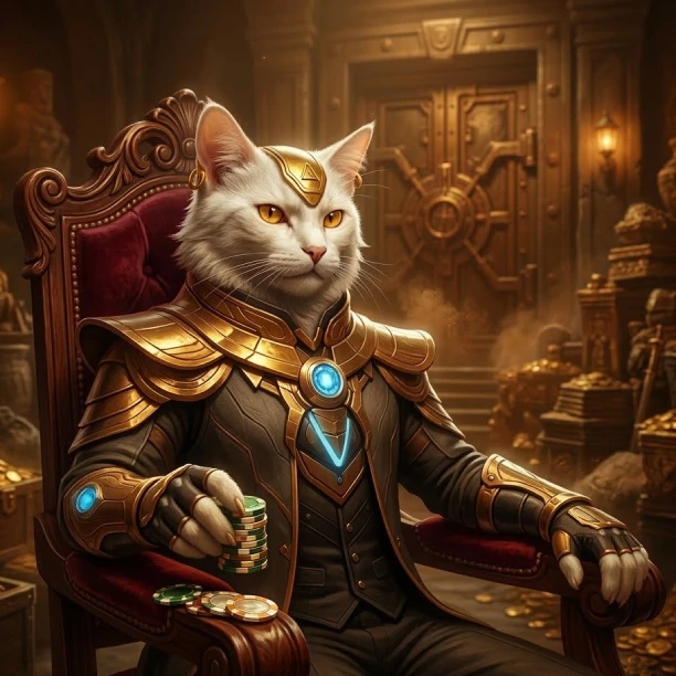 White cat dressed in a royal suit and golden armor, sitting on a throne with stacks of poker chips in front of a treasure-filled room, exuding an air of power and wealth.